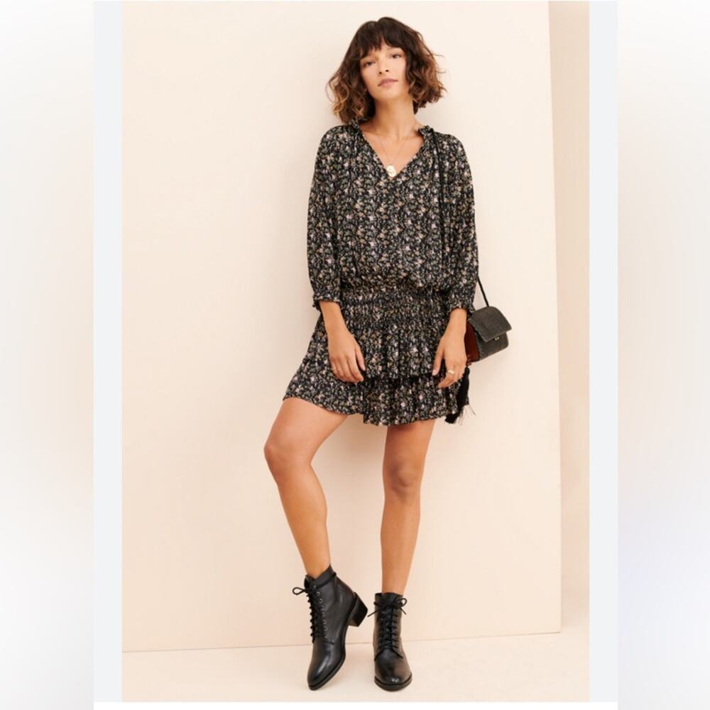 Current Air Aurelie Floral Print Mini Dress boho drop waist fall flutter skirt M